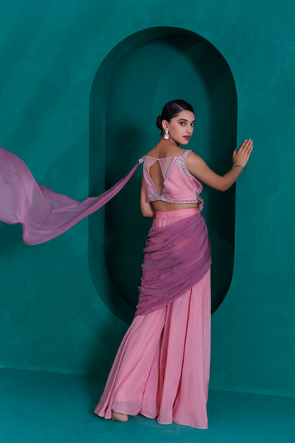Rose pink modal satin blouse and organza gerogette palazo with lavender organza georgette drape