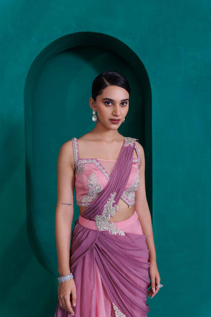Rose pink modal satin blouse and organza gerogette palazo with lavender organza georgette drape