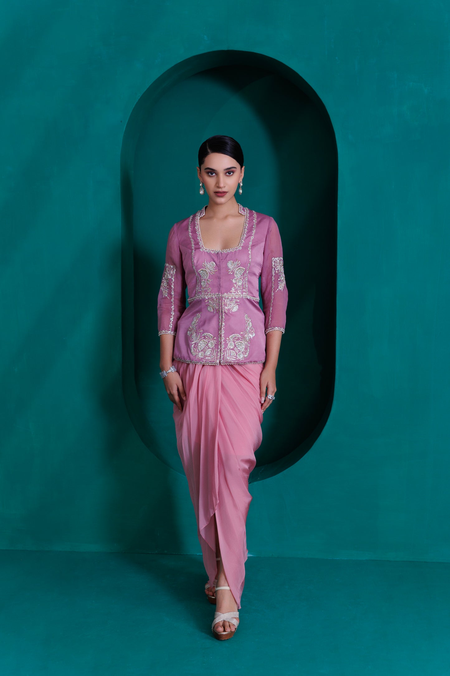 Lavender jacket blouse with rose pink drape skirt