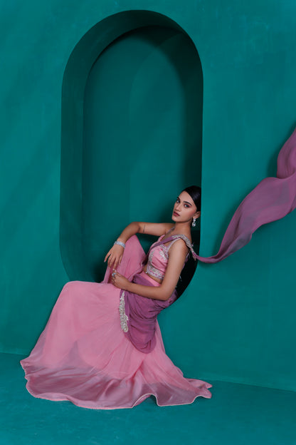 Rose pink modal satin blouse and organza gerogette palazo with lavender organza georgette drape