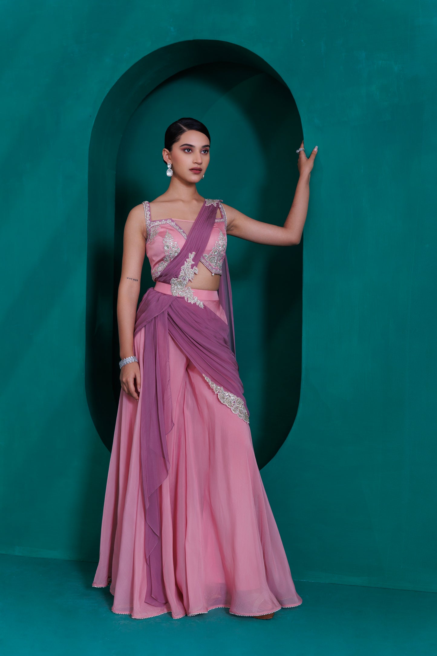 Rose pink modal satin blouse and organza gerogette palazo with lavender organza georgette drape