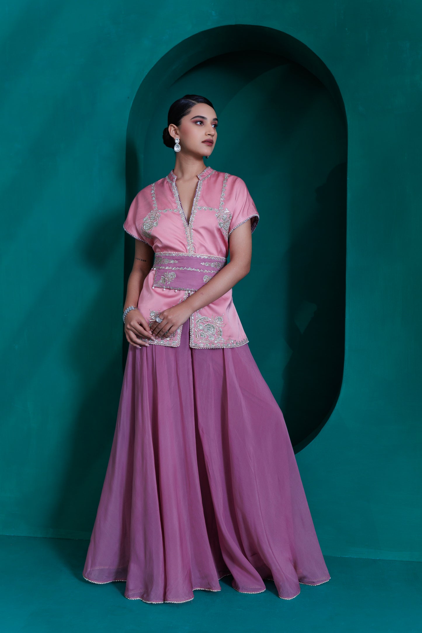 Rose pink modal satin top with wiast belt and lavender organza georgette flare palazo