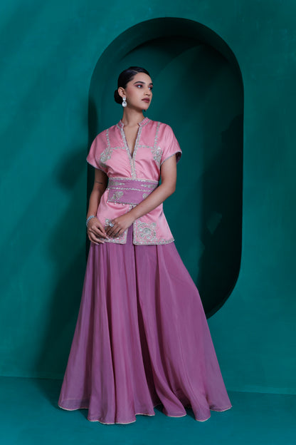 Rose pink modal satin top with wiast belt and lavender organza georgette flare palazo