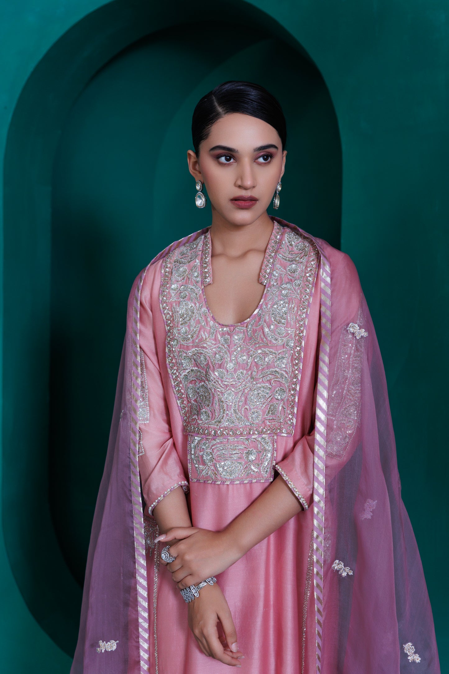 Rose pink chanderi tunic and modal satin lavender tulip pants