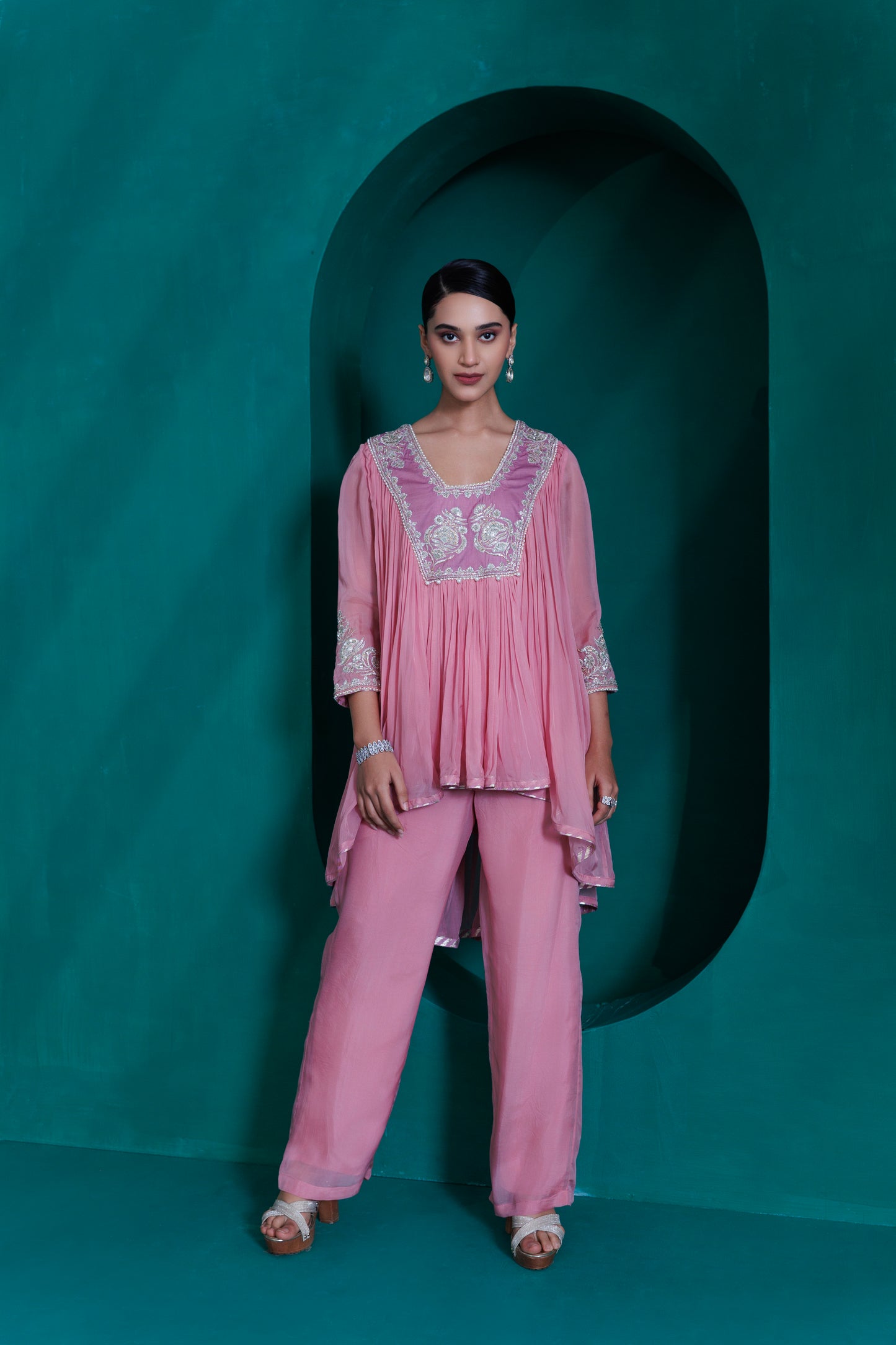 Rose pink georgette organza  asymetrical top with lavender organza georgette palazo