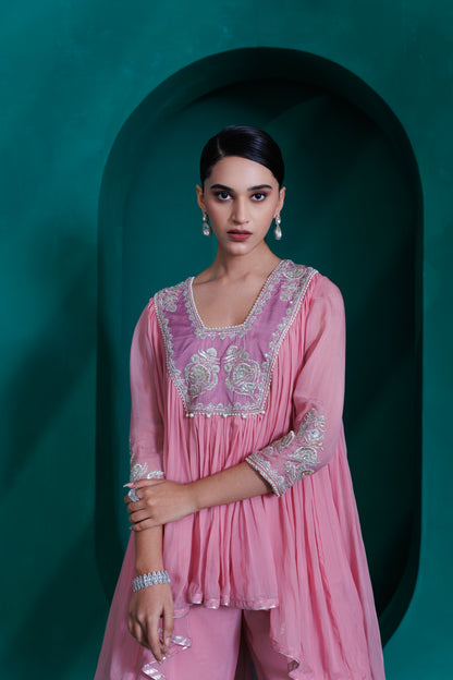 Rose pink georgette organza  asymetrical top with lavender organza georgette palazo