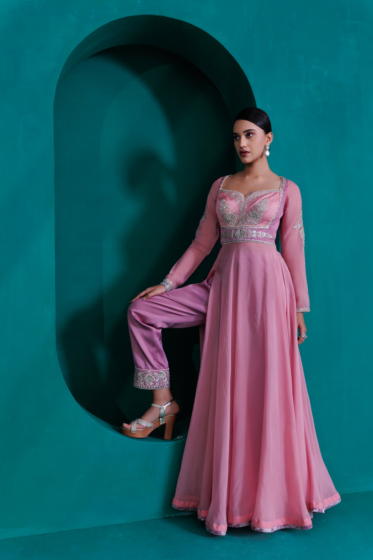 Rose pink georgette organza anarkali with lavender modal satin pants