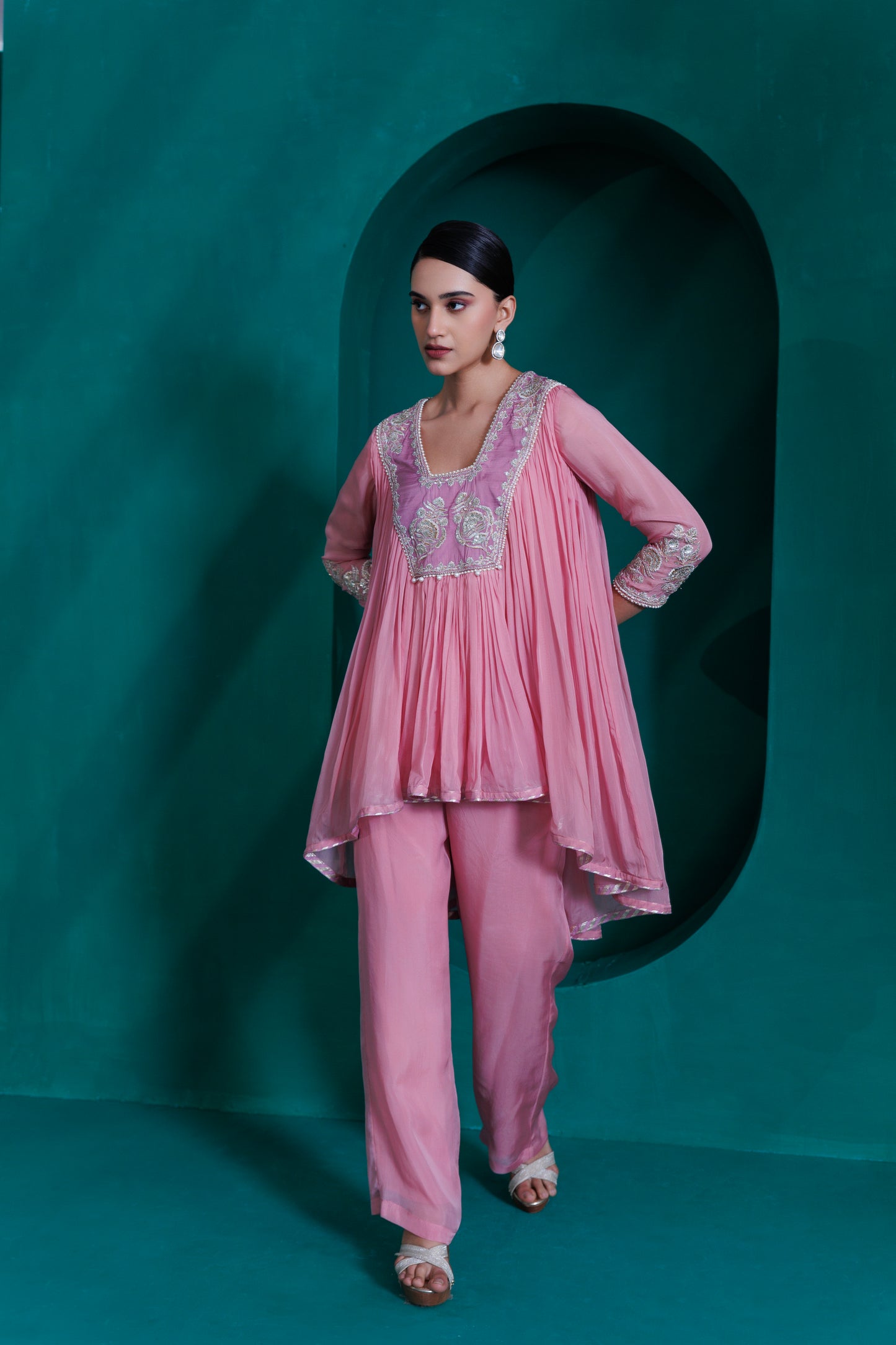 Rose pink georgette organza  asymetrical top with lavender organza georgette palazo