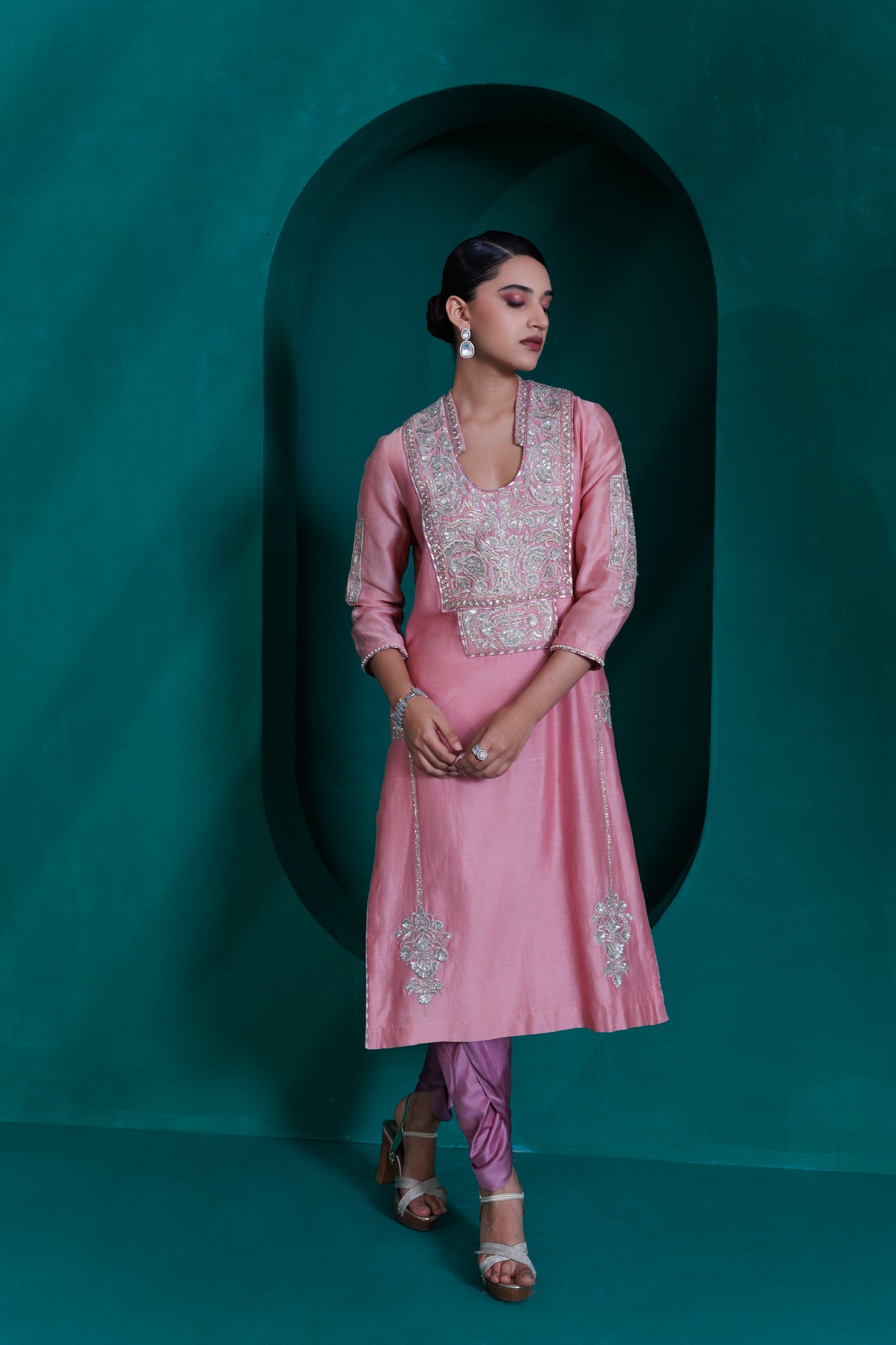 Rose pink chanderi tunic and modal satin lavender tulip pants