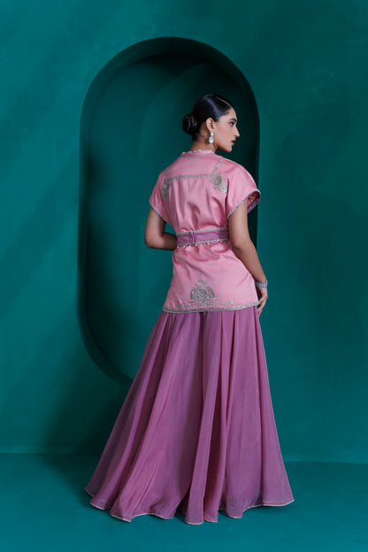 Rose pink modal satin top with wiast belt and lavender organza georgette flare palazo