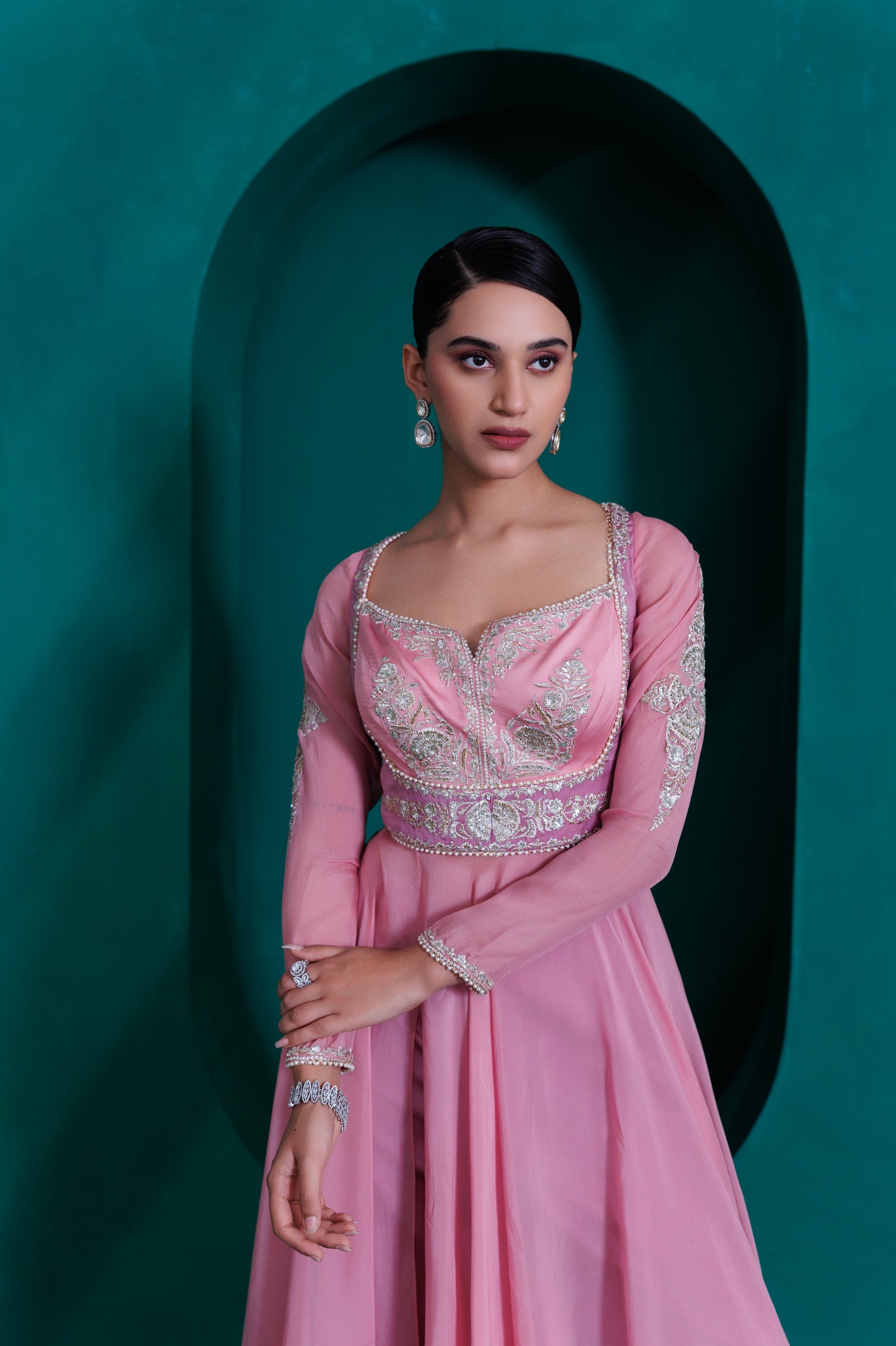 Rose pink georgette organza anarkali with lavender modal satin pants