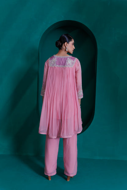 Rose pink georgette organza  asymetrical top with lavender organza georgette palazo