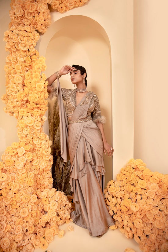 Mouse grey Pre stitched drape sari