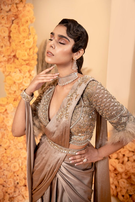 Mouse grey Pre stitched drape sari