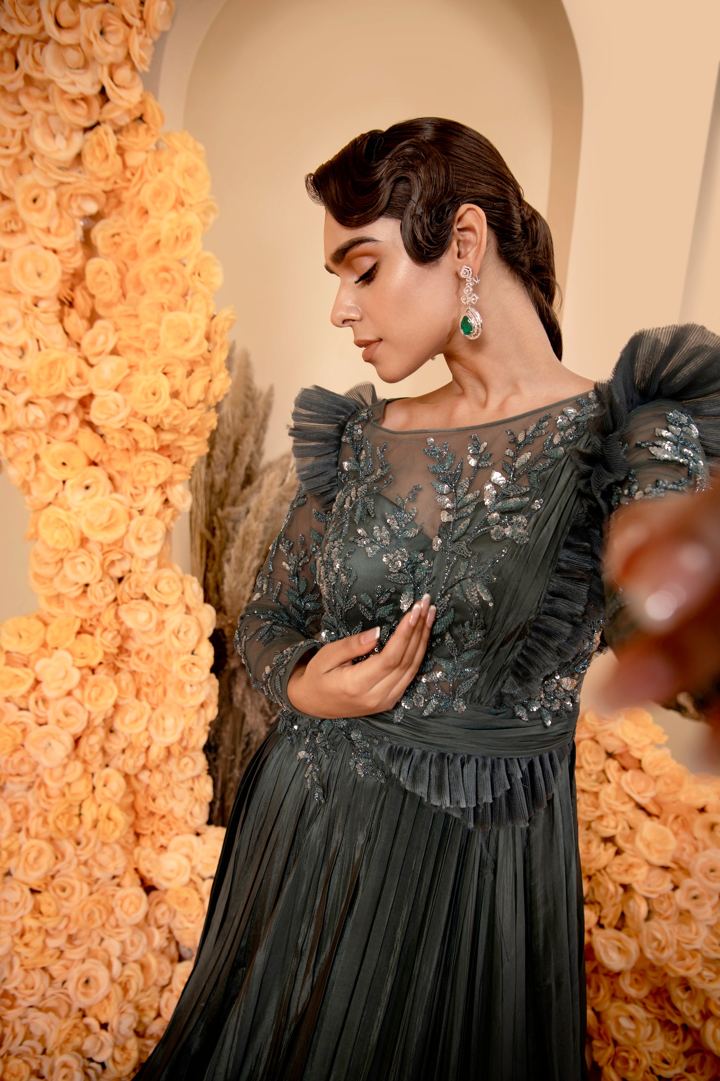 Shaded spruce colour hand pleated gown