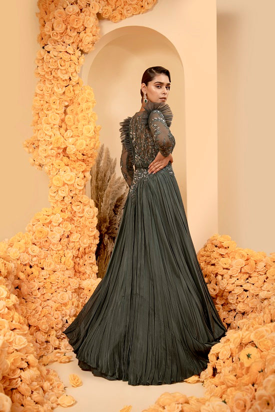 Shaded spruce colour hand pleated gown