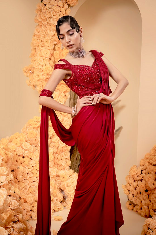 Blood Red Pre stitched drape sari