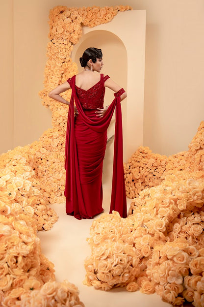 Blood Red Pre stitched drape sari