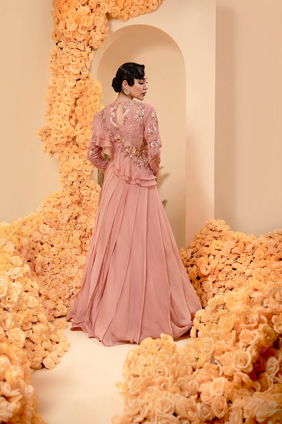 Organza georgette rose gold color gown with embroidered body