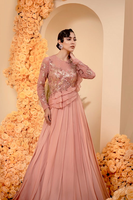Organza georgette rose gold color gown with embroidered body