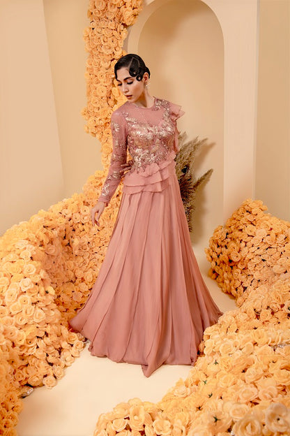 Organza georgette rose gold color gown with embroidered body