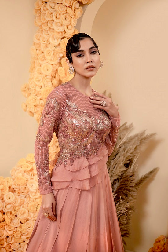 Organza georgette rose gold color gown with embroidered body