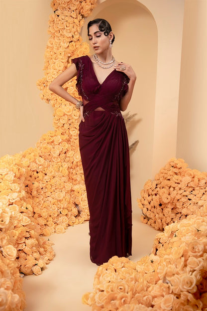 Wine georgette drape gown with rooshing and embroidery