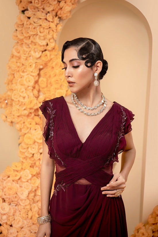 Wine georgette drape gown with rooshing and embroidery