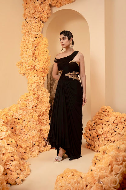 Black georgette drape gown with rooshing and antique zari embroidery