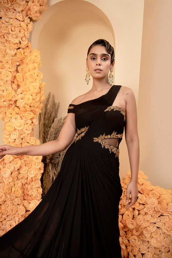 Black georgette drape gown with rooshing and antique zari embroidery