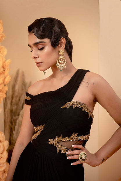 Black georgette drape gown with rooshing and antique zari embroidery