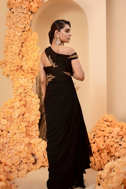 Black georgette drape gown with rooshing and antique zari embroidery