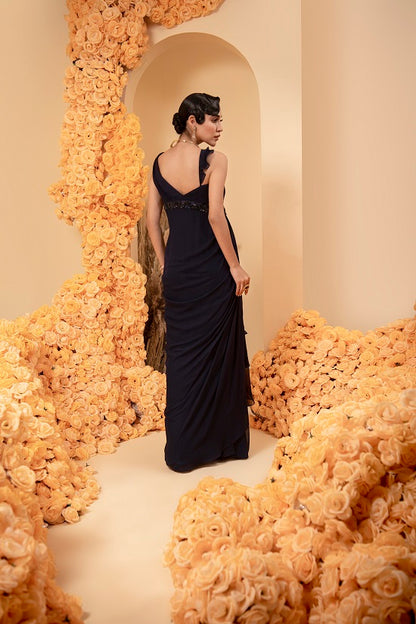 Midnight blue georgette drape gown