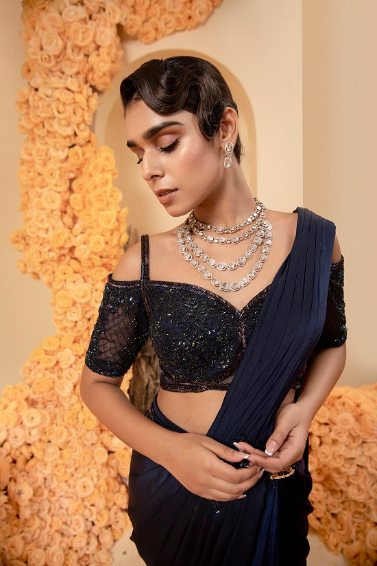 Midnight Blue Pre stitched drape sari