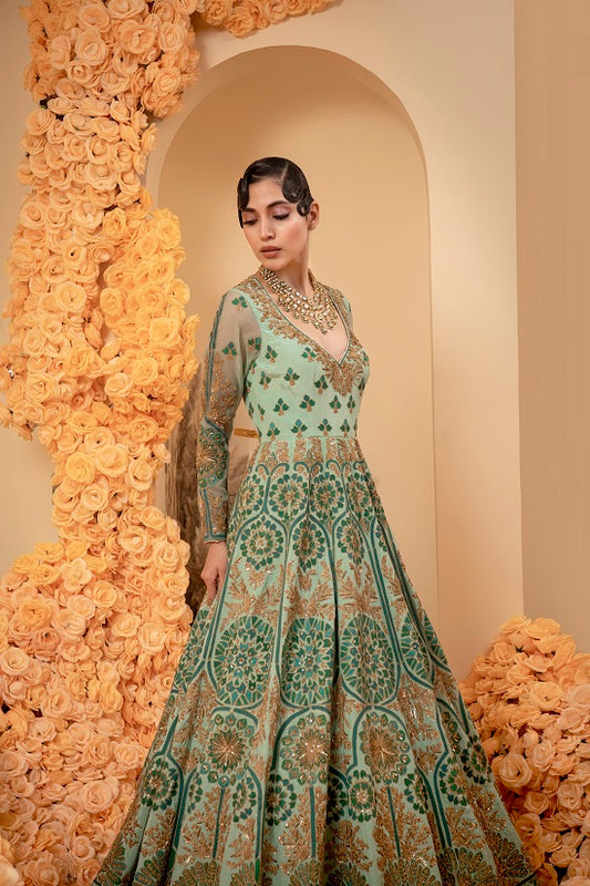 Aqua green crepe Anarkali set with organza dupatta