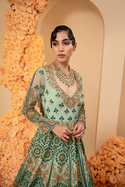 Aqua green crepe Anarkali set with organza dupatta