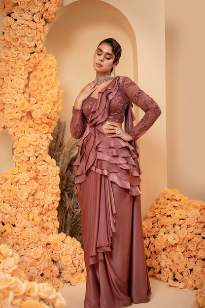 Lavender wine Pre stitched drape sari