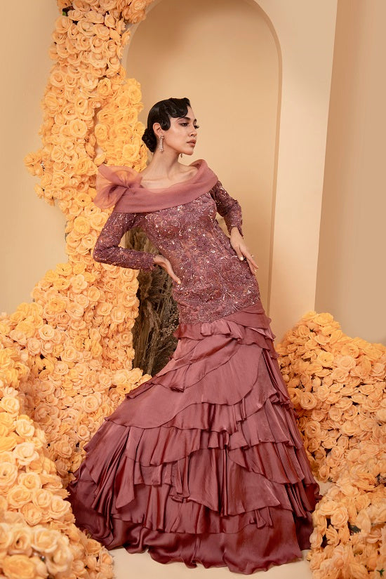 Lavender wine colour gown with embroidered body