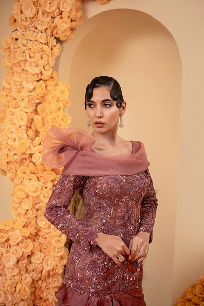 Lavender wine colour gown with embroidered body