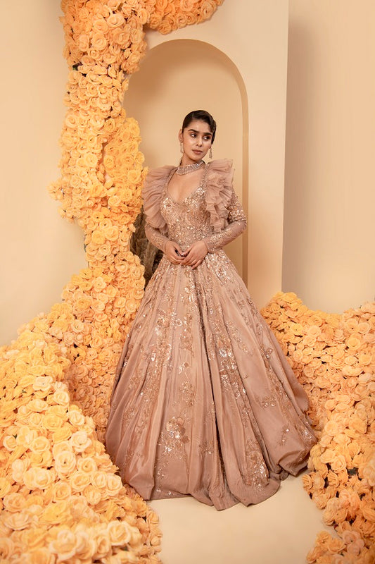 Crepe cameo rose colour gown with embroidered body