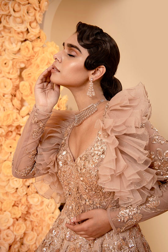 Crepe cameo rose colour gown with embroidered body