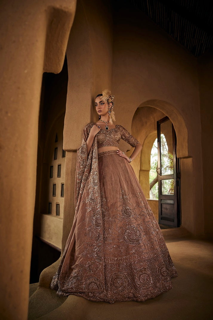 Brown silk tissue lehnga set with blouse and dupatta