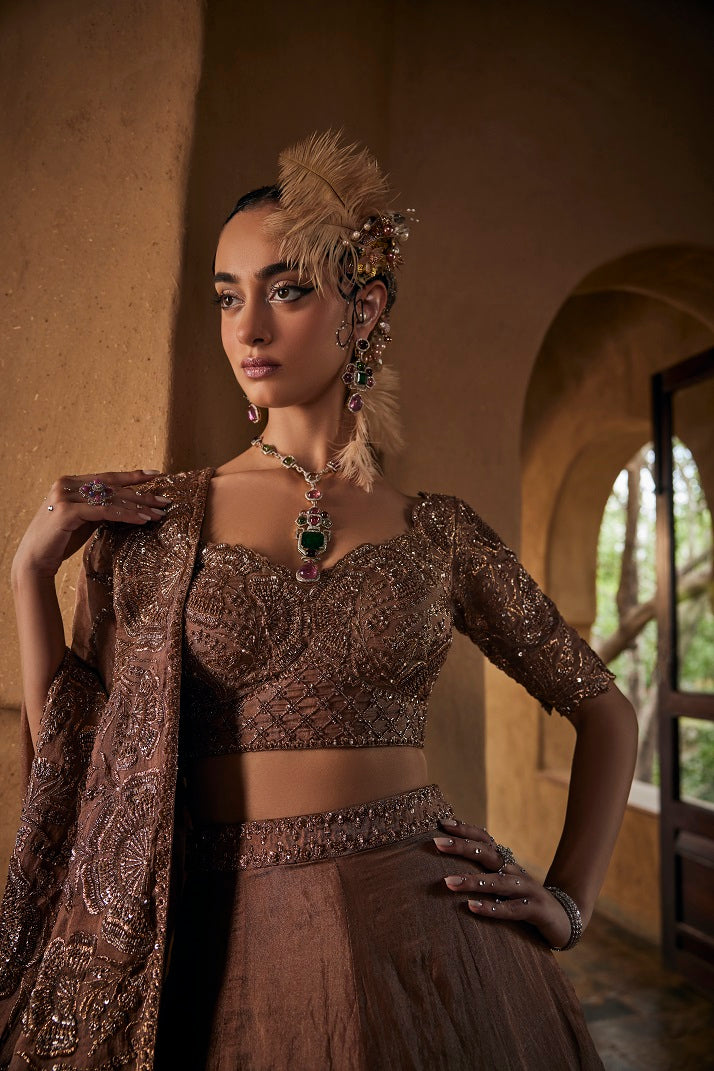 Brown silk tissue lehnga set with blouse and dupatta