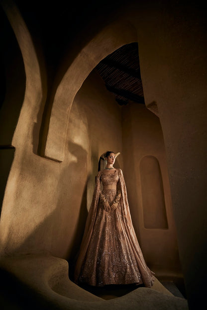 Dusty gold silk tissue lehnga set with cape sleeve blouse