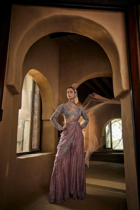 Lavender silk tissue blouse with pre pleated drape,waistbelt and tissue flare pants