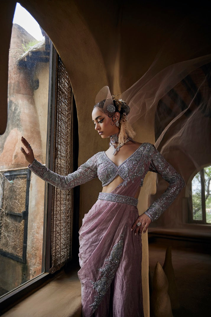 Lavender silk tissue blouse with pre pleated drape,waistbelt and tissue flare pants