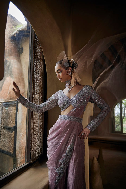 Lavender silk tissue blouse with pre pleated drape,waistbelt and tissue flare pants
