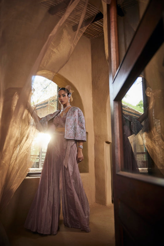 Lavender silk tissue short jacket with rooshing busiter blouse and pleated tissue pants