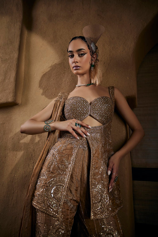 Beige gold tissue gharara set with bustier, jacket and dupatta