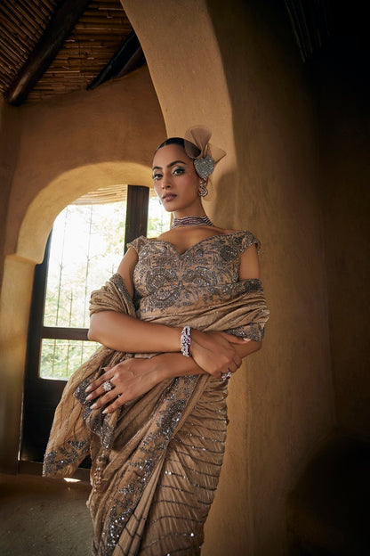Mouse grey silk tissue sari with blouse